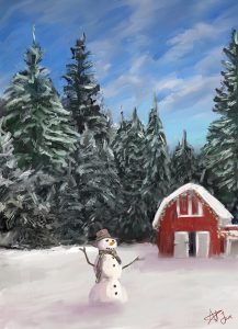 Snowman and Red Barn