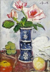 Pink Roses In a Chinese Blue and White Gu-Shaped Vase