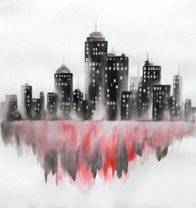 Red Watercolor Cityscape