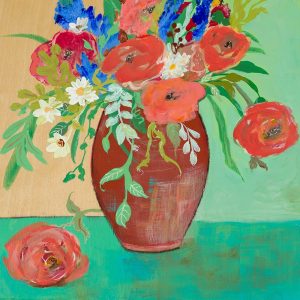 Vase of Peach and Blue Roses