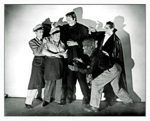 Abbott and Costello – Promotional Still with Frankenstein, Dracula and Wolfman