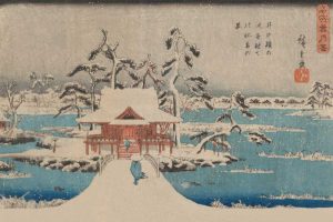 Snow scene of Benzaiten Shrine in Inokashira pond (Inokashira no ike benzaiten no yashiro), 1838