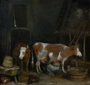 A Maid Milking a Cow in a Barn