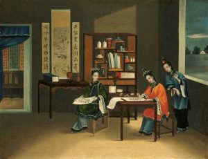 An Interior With a Woman Painting Flowers