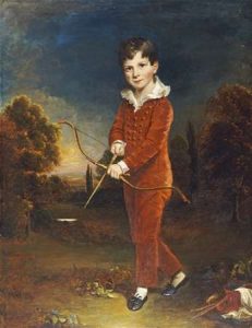 Young Boy In a Red Suit, Holding a Bow and Arrow