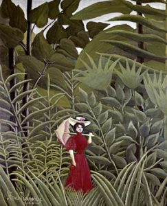 Woman with an Umbrella in an Exotic Forest