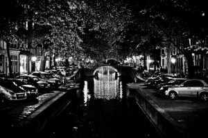B and W Canal at Night I