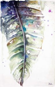 Watercolor Plantain Leaves with Purple I
