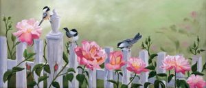 Chickadees and Pink Roses