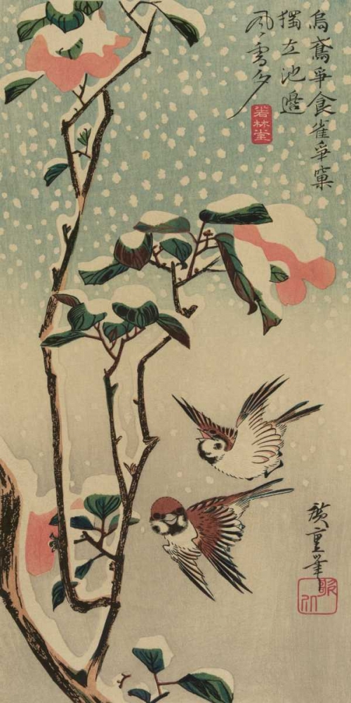 Sparrows and camellias in snow., 1840