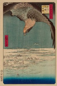 Hawk flying above a snowy landscape along the coastline., 1857