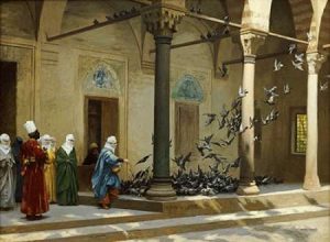 Harem Women Feeding Pigeons In a Courtyard