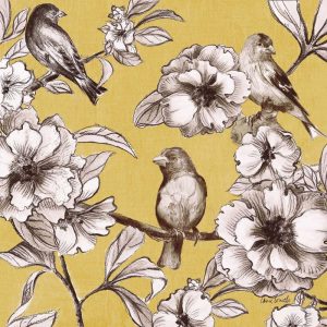 Peonies and Birds on Yellow I