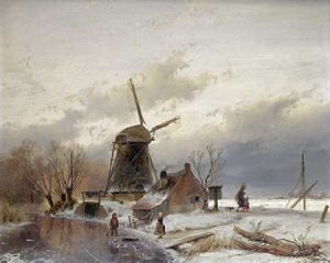 A Frozen River Landscape With a Windmill