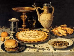 Still life with a tart- roast chicken- bread- rice and olives