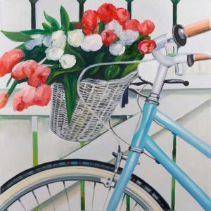 Bicycle with Tulips Flowers in Basket