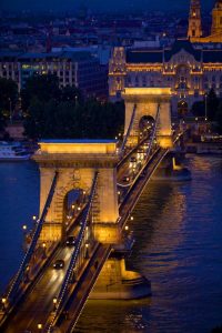 Hungary, Budapest Chain Bridge lit at night