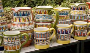 Italy, Positano Ceramic pitchers and mugs