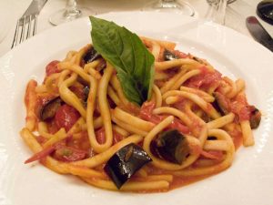 Italy, Positano Plate of pasta and eggplant