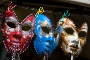 Italy, Venice Display of venetian carnival masks