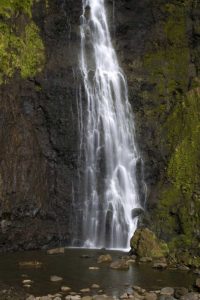 French Polynesia, Tahiti Waterfall ove cliff