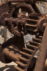 South America, Chile, Zapallar Rusted gears
