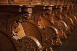 Peru, Lima, Detail of wood seats in the cathedral