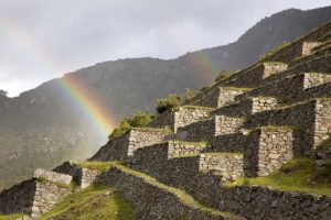 Peru, Machu Picchu Rainbows over the terraces