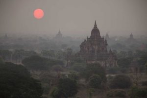 Myanmar, Bagan Sunrise on Buddhist temples