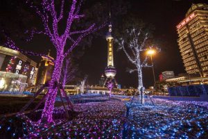China, Shanghai Artistic light display at night